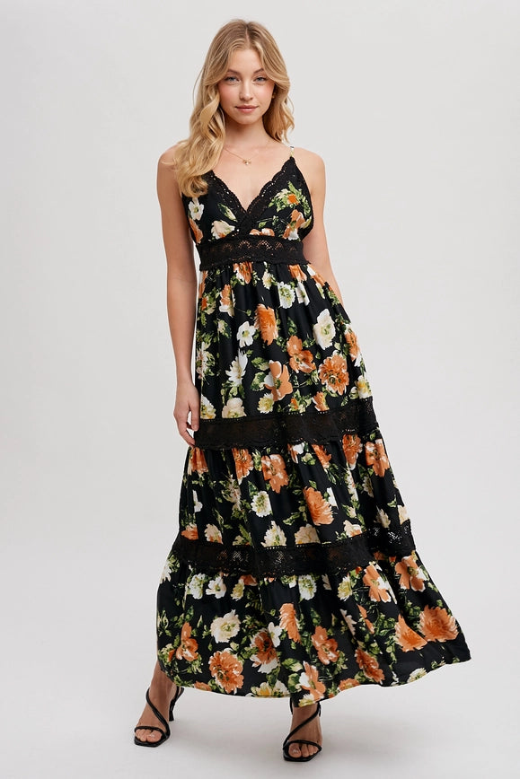 Floral Print Tierd Lace Contrast Maxi Dress