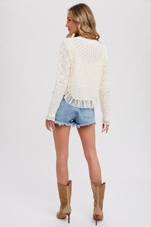 Button Up Lace Trim Sweater