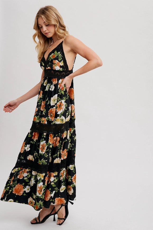 Floral Print Tierd Lace Contrast Maxi Dress