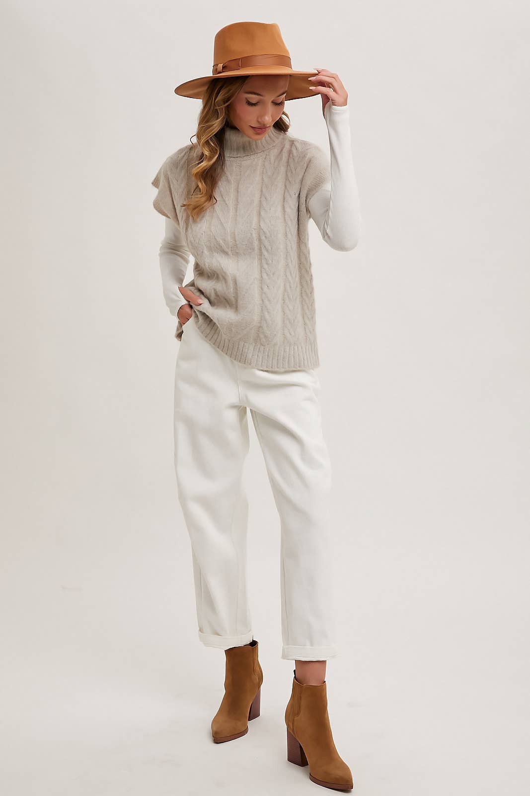 Cream Brushed Cable Knit Turtleneck Sweater Vest