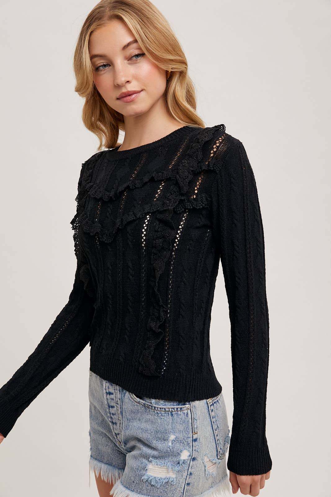 Pointelle Frill Shoulder Sweater Knit Top