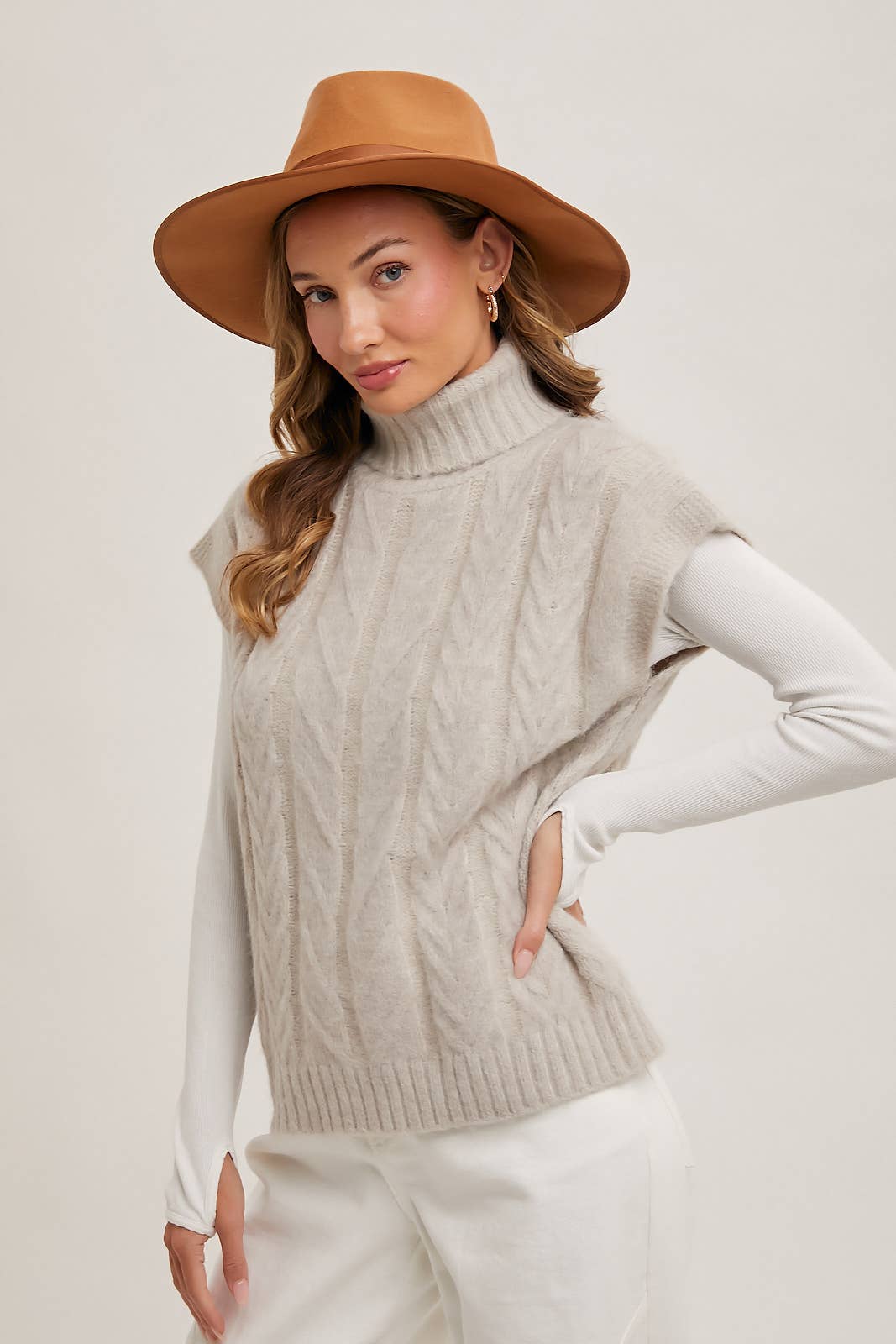 Cream Brushed Cable Knit Turtleneck Sweater Vest