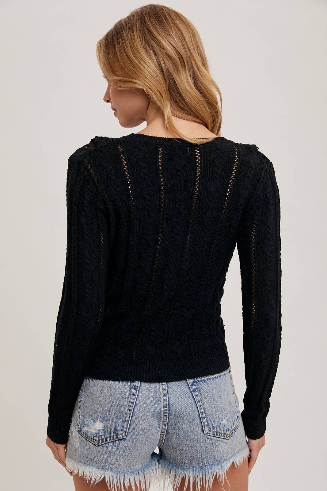 Pointelle Frill Shoulder Sweater Knit Top