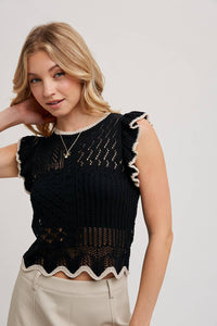 Thumbnail for Eyelet Contrast Knit Ruffled Scalloped Top