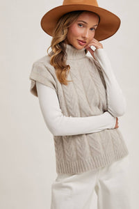 Thumbnail for Cream Brushed Cable Knit Turtleneck Sweater Vest