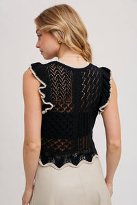 Thumbnail for Eyelet Contrast Knit Ruffled Scalloped Top