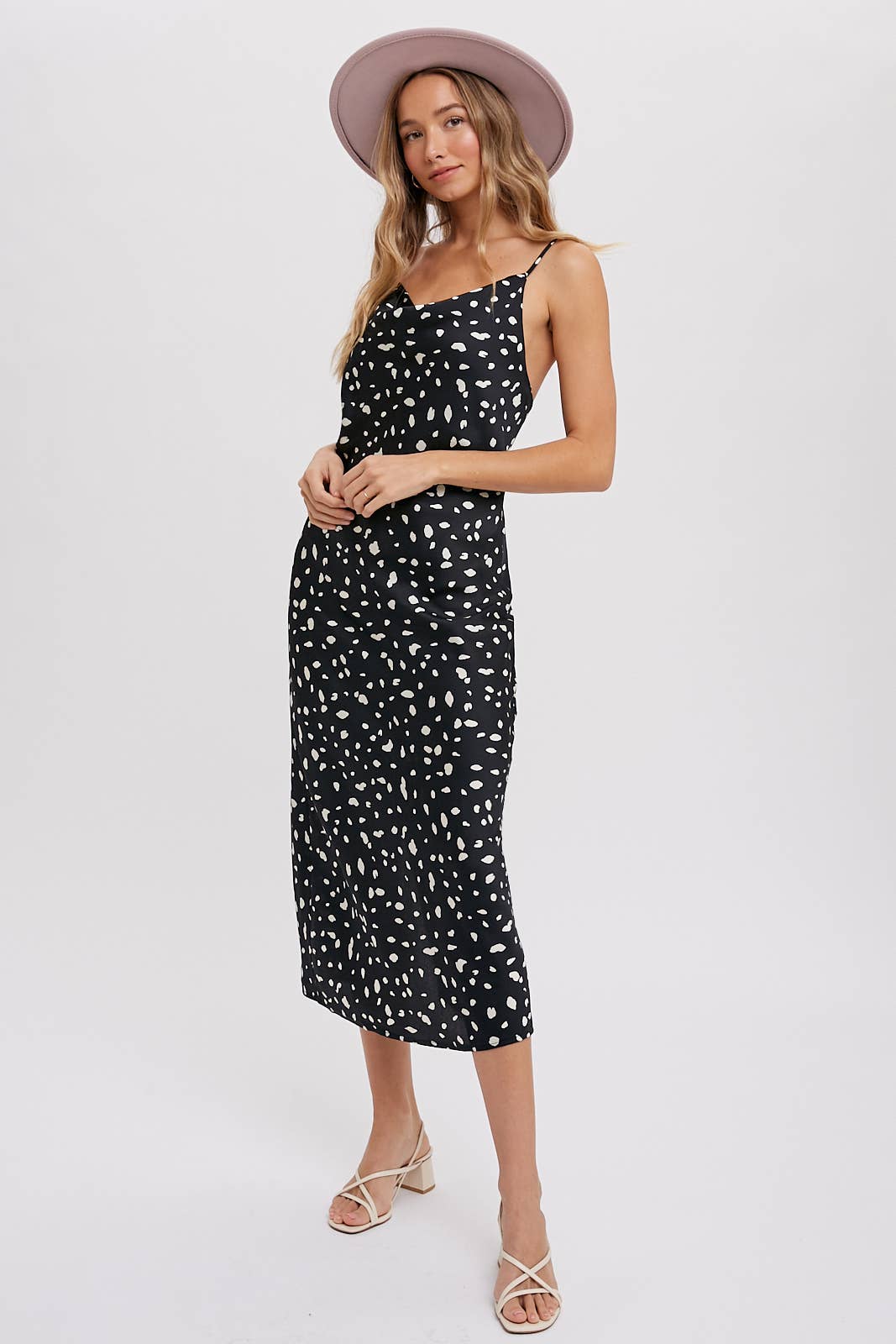 DALMATIAN PRINT COWL NECK SLIP DRESS