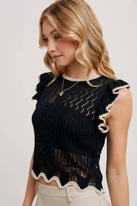 Thumbnail for Eyelet Contrast Knit Ruffled Scalloped Top