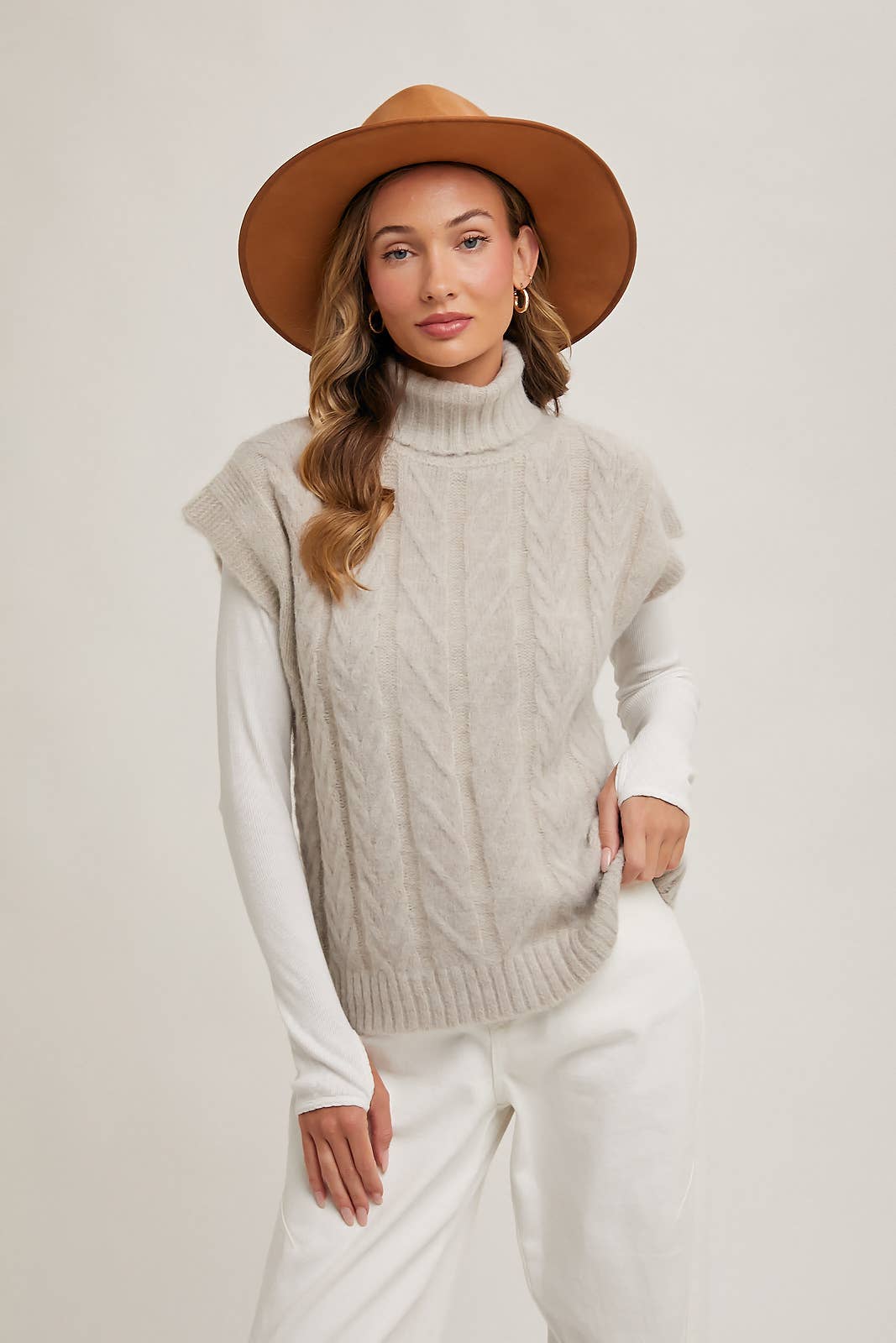 Cream Brushed Cable Knit Turtleneck Sweater Vest