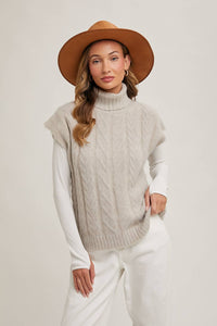 Thumbnail for Cream Brushed Cable Knit Turtleneck Sweater Vest