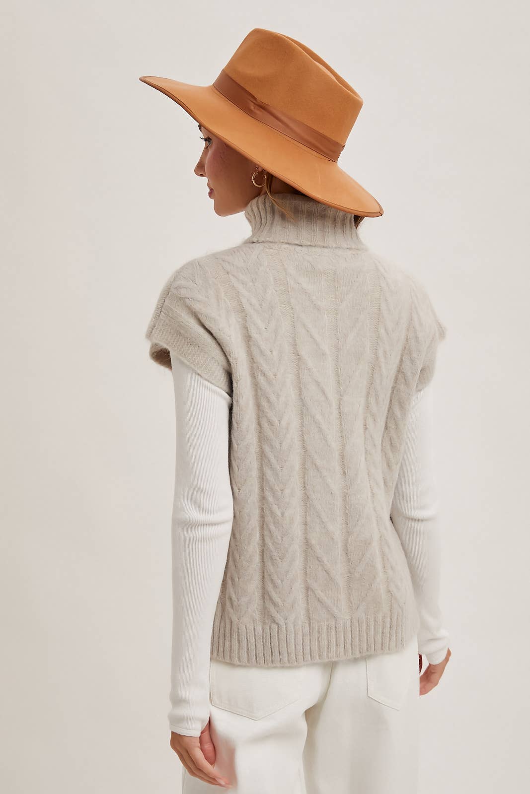 Cream Brushed Cable Knit Turtleneck Sweater Vest