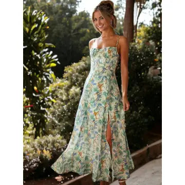 Floral Printed Spaghetti Strap Backless Slit Maxi Dress