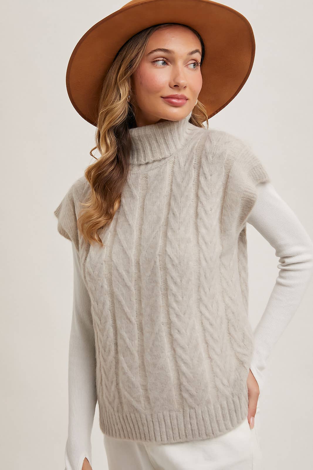 Cream Brushed Cable Knit Turtleneck Sweater Vest