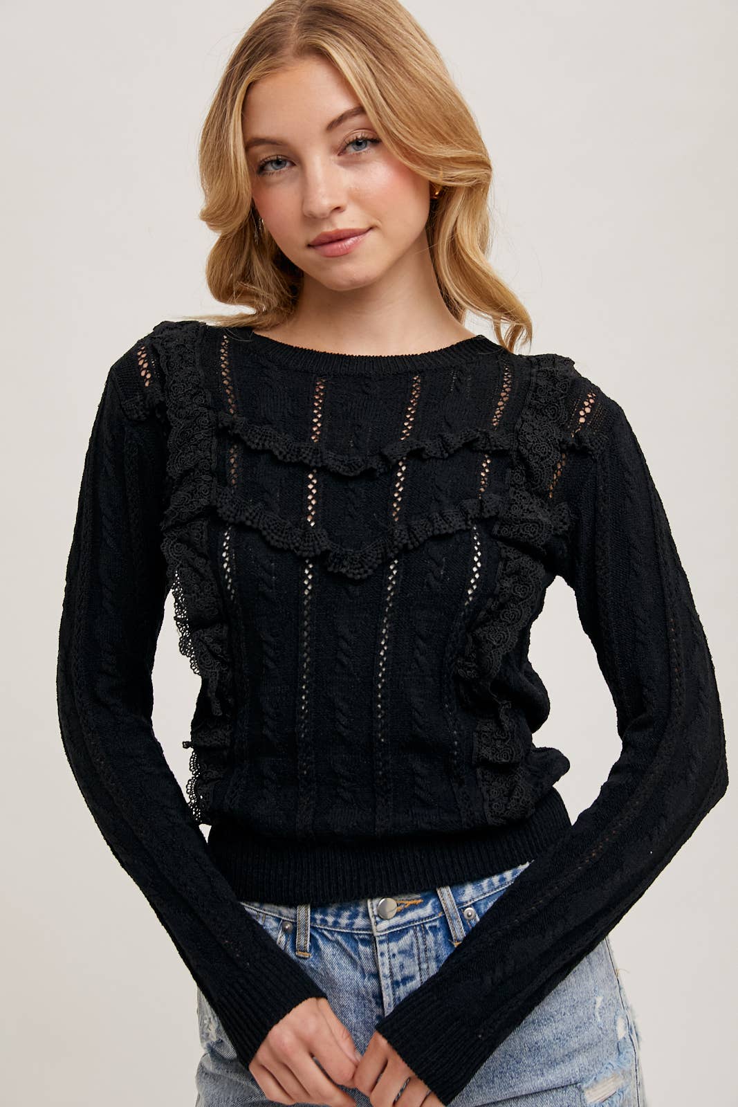 Pointelle Frill Shoulder Sweater Knit Top