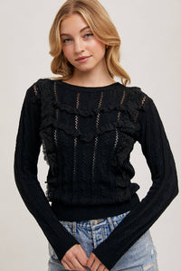 Thumbnail for Pointelle Frill Shoulder Sweater Knit Top