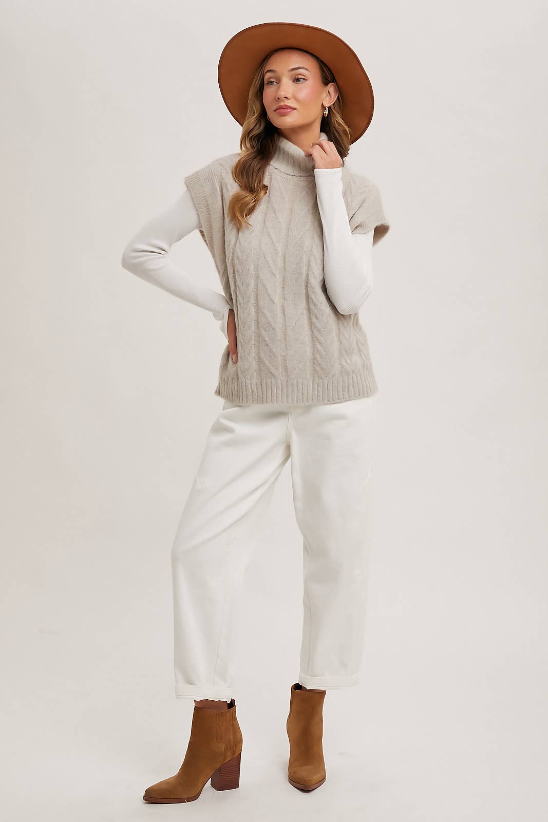 Cream Brushed Cable Knit Turtleneck Sweater Vest