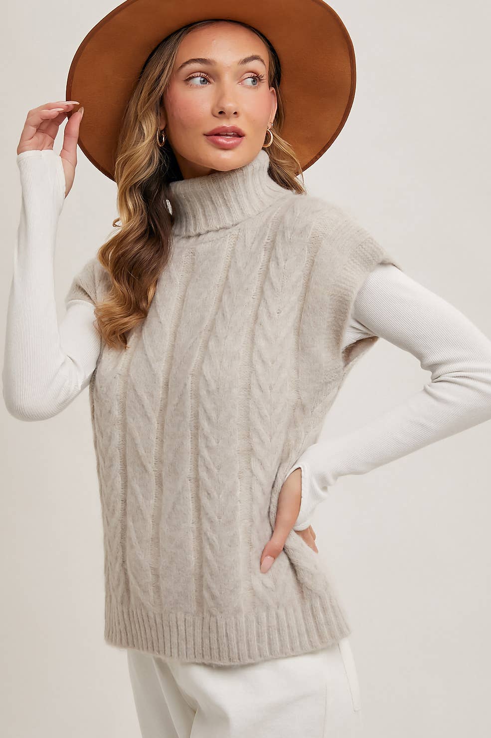 Cream Brushed Cable Knit Turtleneck Sweater Vest