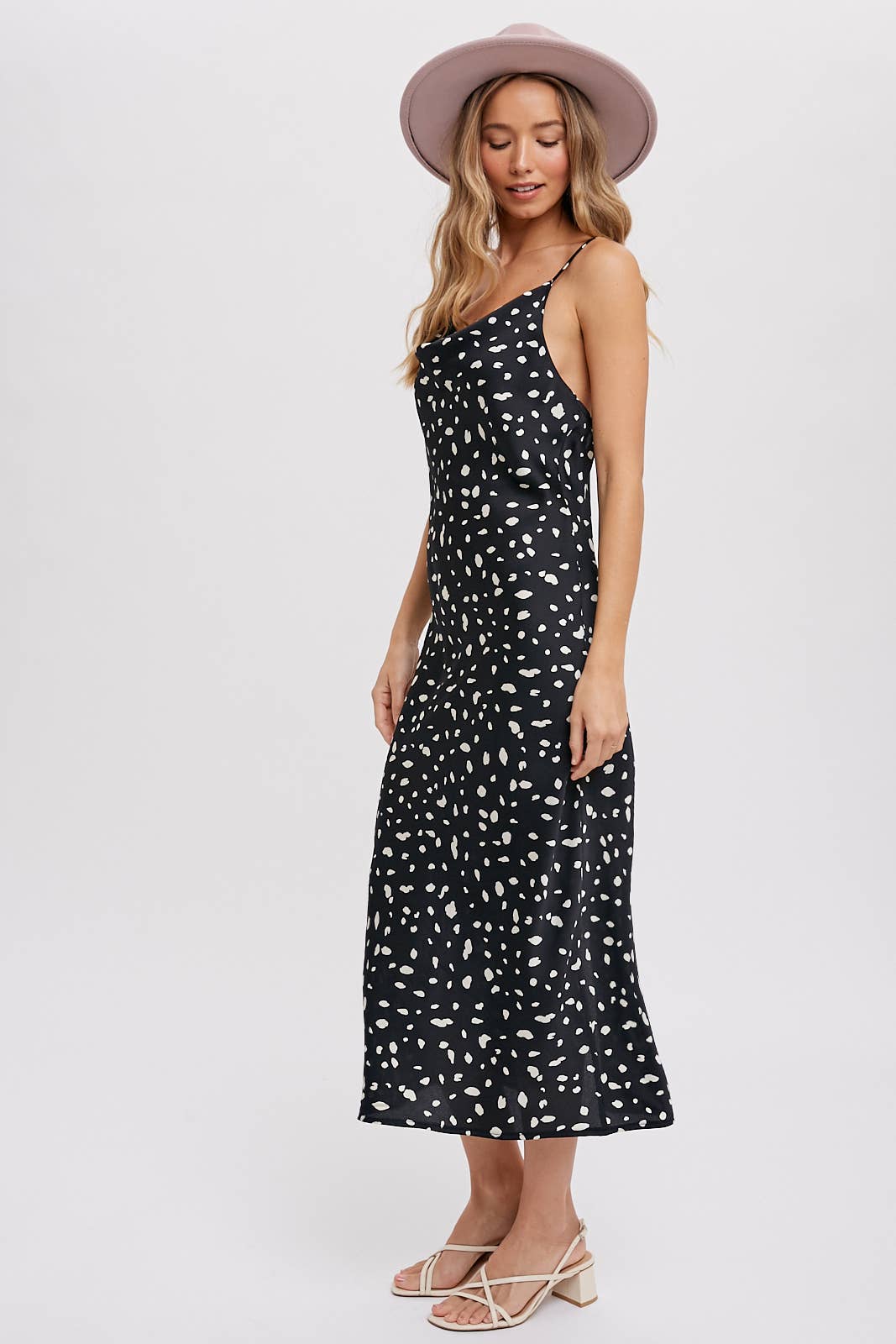 DALMATIAN PRINT COWL NECK SLIP DRESS