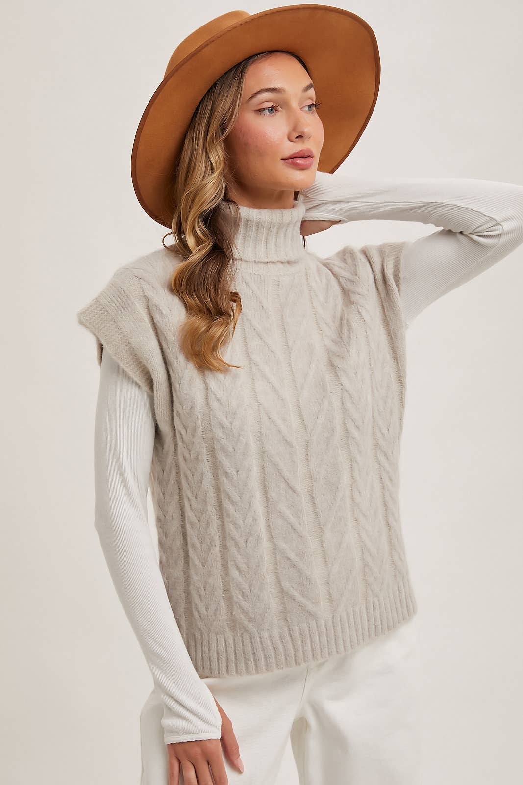 Cream Brushed Cable Knit Turtleneck Sweater Vest