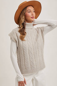 Thumbnail for Cream Brushed Cable Knit Turtleneck Sweater Vest