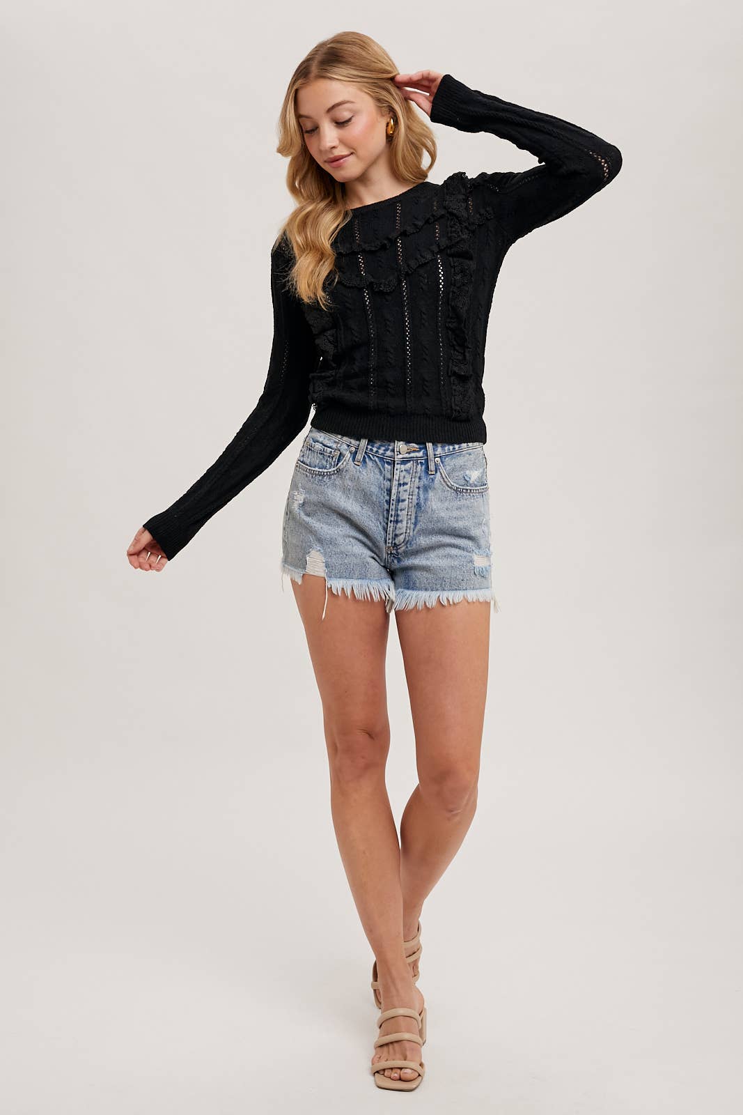 Pointelle Frill Shoulder Sweater Knit Top