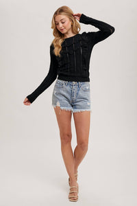 Thumbnail for Pointelle Frill Shoulder Sweater Knit Top